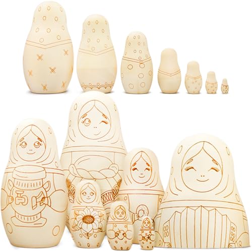 AEVVV Paint Your Own Matryoshka Doll Set 7 pcs - Blank Nesting Dolls for Coloring - Unpainted Russian Nesting Dolls - Unfinished Wood Crafts DIY AEVVV