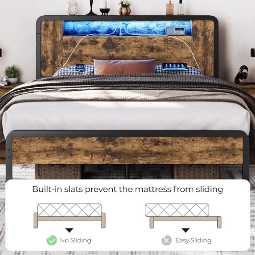 Yaheetech Queen Bed Frame Metal Bed with Wooden Headboard/Footboard, Storage Space and Adjustable LED Light, Mattress Foundation, Charging