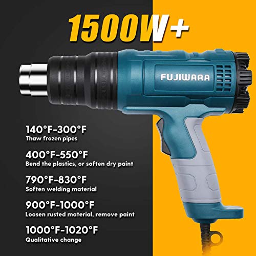 Heat Gun Kit 1500W with Variable Temperature 5 Nozzles, Adjustable Hot Air Gun 122℉-1022℉,Fast Heating for DIY Shrink PVC Tubing/Wrapping/Crafts, XPEOO