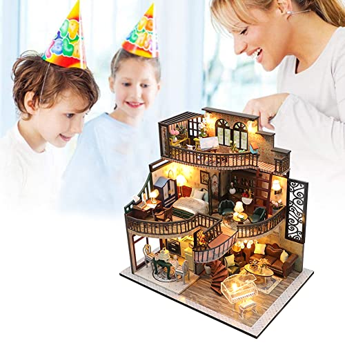 SYCW DIY Dollhouse Miniature Wooden Furniture Kit with Dust Cover and Music Box, Doll House Kit with LED Light, Mini Handmade Wooden Dollhouse Toys, SYCW