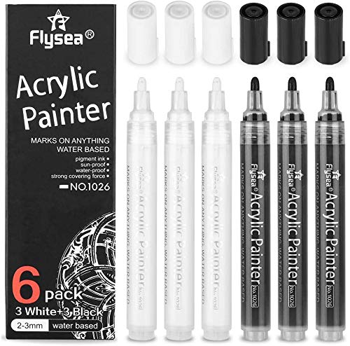 NAWOD Black Paint Pens - 6 Pack Acrylic Black White Permanent Markers, Acrylic Paint Pens for Rock Painting, Wood, Metal, Stone, Ceramic, Glass, NAWOD