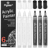 NAWOD Black Paint Pens - 6 Pack Acrylic Black White Permanent Markers, Acrylic Paint Pens for Rock Painting, Wood, Metal, Stone, Ceramic, Glass, NAWOD
