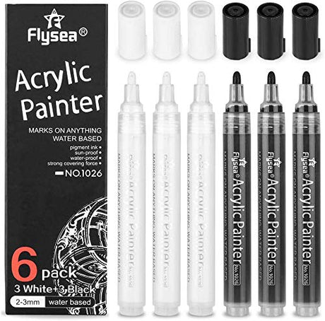 NAWOD Black Paint Pens - 6 Pack Acrylic Black White Permanent Markers, Acrylic Paint Pens for Rock Painting, Wood, Metal, Stone, Ceramic, Glass, NAWOD