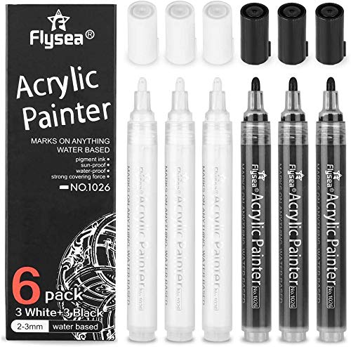 NAWOD Black Paint Pens - 6 Pack Acrylic Black White Permanent Markers, Acrylic Paint Pens for Rock Painting, Wood, Metal, Stone, Ceramic, Glass, - WoodArtSupply