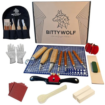 BittyWolf Wood Carving Kit 22 Pieces,Whittling Kit for Adults and Teens, Knife Set for Woodworking with Cut Resistant Gloves, Wooden Blocks, Knife - WoodArtSupply