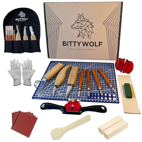 BittyWolf Wood Carving Kit 22 Pieces,Whittling Kit for Adults and Teens, Knife Set for Woodworking with Cut Resistant Gloves, Wooden Blocks, Knife BittyWolf