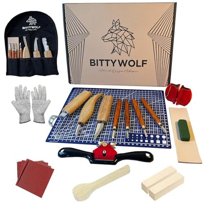 BittyWolf Wood Carving Kit 22 Pieces,Whittling Kit for Adults and Teens, Knife Set for Woodworking with Cut Resistant Gloves, Wooden Blocks, Knife