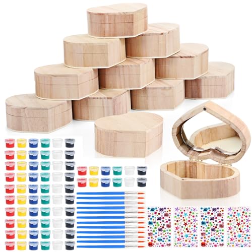 Kigley 100 Pcs Unfinished Wooden Heart Box Kit Include 12 Pcs Heart Treasure Box 72 Pcs Paints, 12pcs Brushes, 4 Sheets Rhinestones Stickers Craft Kigley