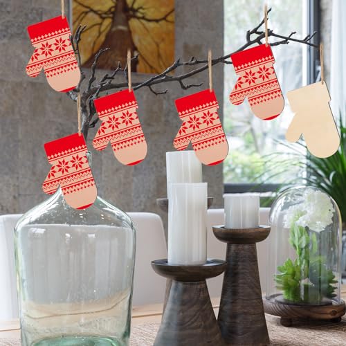 Christmas Mitten Wooden Christmas Blank Wood with Twines Art Unfinished Ornaments for Christmas Wedding Birthday Party Christmas Thanksgiving Day Zontween