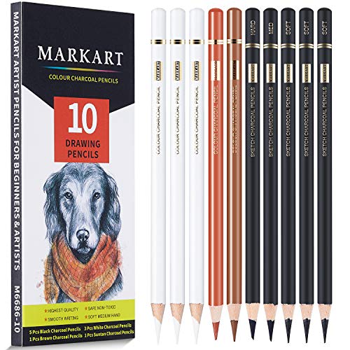 MARKART Professional Colored Charcoal Pencils Drawing Set, 10 Pieces Black White Charcoal Pencils for Sketching, Shading, Blending, Pastel Chalk - WoodArtSupply