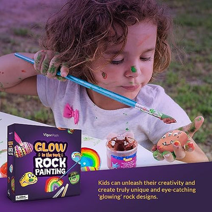 VIGOR PATH Kids Rock Painting Kit: 28-Piece Art and Craft Bundle - Includes 10 Paints (Glow in The Dark and Standard), Crafting Supplies, Ideal for