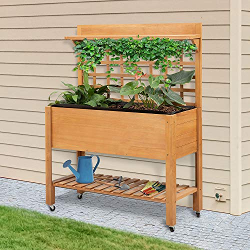 Outsunny 41" Raised Garden Bed with Trellis on Wheels, Wooden Elevated Planter Box with Legs and Bed Liner, for Flowers, Herbs & Vegetables, Brown - WoodArtSupply