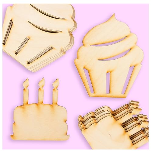 Pack of 24 Unfinished Wood Birthday Cake and Cupcake Cutouts by Factory Direct Craft - Blank Wooden DIY Cake Shapes for Scouts, Camps, Vacation Bible School, and Birthday Party Crafts