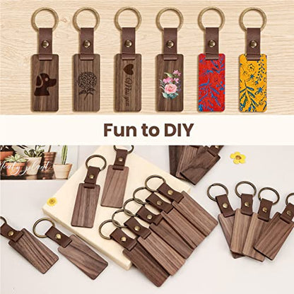 Auihiay 25 Pieces Leather Wood Keychain Blank, Wooden Keychain Blanks with Leather Strap, Unfinished Wooden Keychains for Laser Engraving, DIY