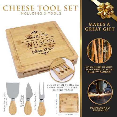 Customized Cheese Cutting Board and Serving Tray and Knife Tools Set - Custom Personalized for Couples, Weddings, Housewarming, Anniversary - WoodArtSupply