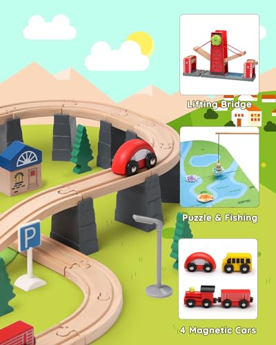 SainSmart Jr. Wooden Train Set for Toddler, 78 PCS Wood Train Track with 4 Cars Fits Brio, Thomas, Melissa and Doug, Gift Packed Toy Railway Kit for SainSmart Jr.