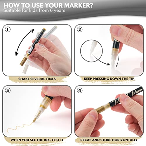 Stylo 4 Count Acrylic Metallic Pens - Black, Gold, Silver And White Paint Pens - Fine Tip Permanent Acrylic Metallic Paint Markers for Rock Painting, Stylo