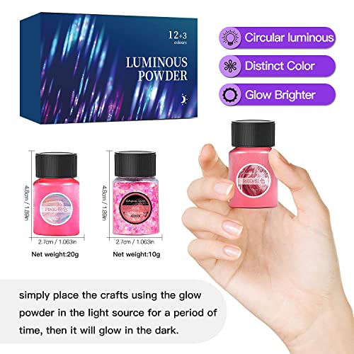 Glow in The Dark Pigment Powder 15 Jar -12 Color Glow Pigment and 3 Color Luminous Flake with UV Lamp - Epoxy Resin Luminous Powder for Slime OSBANG