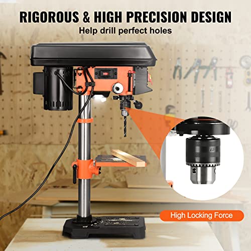 VEVOR 10 in Benchtop Drill Press, 3.2 Amp 120V, 5-Speed Cast Iron Bench Drill Press, 10 in Swing Distance 0-45° Tiltling Worktable with Work Light, VEVOR