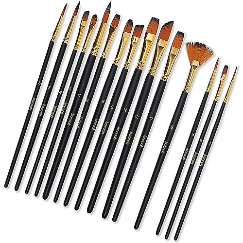Acrylic Paint Brushes Set 15 Pieces, Nylon Bristle Paintbrushes for Acrylic Painting, Oil and Watercolor Brushes for Body Face Rock Canvas Jsocoah