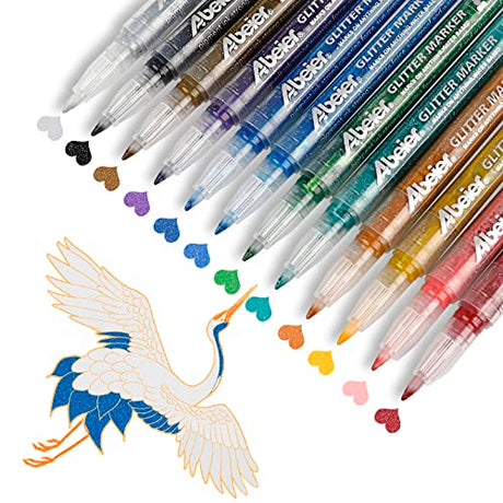 Glitter Paint Pens, Water-Based Acrylic Ink Markers, 12 Glitter Colors, Fine Point Tip, Paint for Greeting Card, Wood, Fabric, Rock Painting, ABEIER