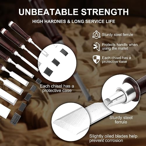 Wood Chisel Set (8 pcs),Carpentry Chisel With Wooden Storage Case,Sharpening Stone, Honing Guide & Protective Caps,Premium Set of Wood Chisel,Wood - WoodArtSupply