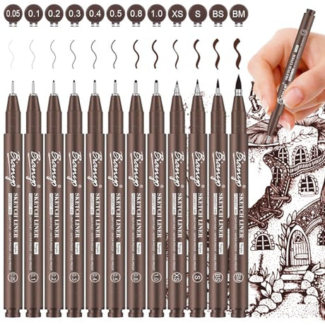 Bianyo Sepia Micro Pen Set, 12 Assorted Sizes Drawing Pens with Bonus Pouch Bag, Water-Resistant Archival and Pigment Ink Art Pens, Precision Drawing Bianyo