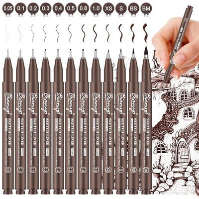 Bianyo Sepia Micro Pen Set, 12 Assorted Sizes Drawing Pens with Bonus Pouch Bag, Water-Resistant Archival and Pigment Ink Art Pens, Precision Drawing