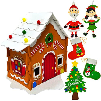 JOYIN Christmas Art and Craft Kit DIY with 3D Gingerbread House, Christmas Tree Door Sign, Foam Stocking Kit, Two Characters Decors Kids Boys & Girls