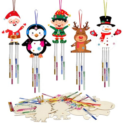 Fnnoral 10 Pack Christmas Wind Chime Kit for Kids Make You Own Christmas Wind Chimes DIY Coloring Wooden Craft for Christmas Hanging Ornaments