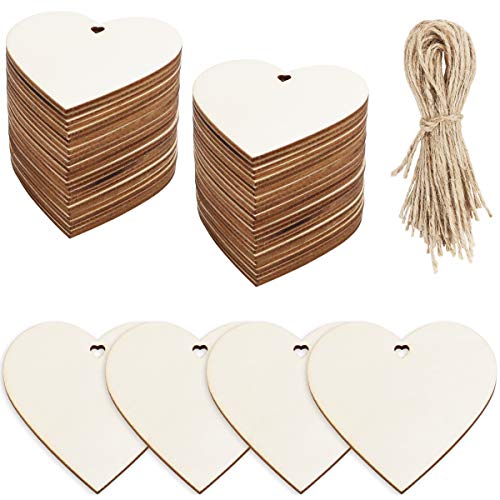 WYKOO 50 Pcs 3 Inch Natural Heart Wood Slices DIY Wooden Ornaments Unfinished Wooden Heart Embellishments with Natural Twine for Valentine's Day,