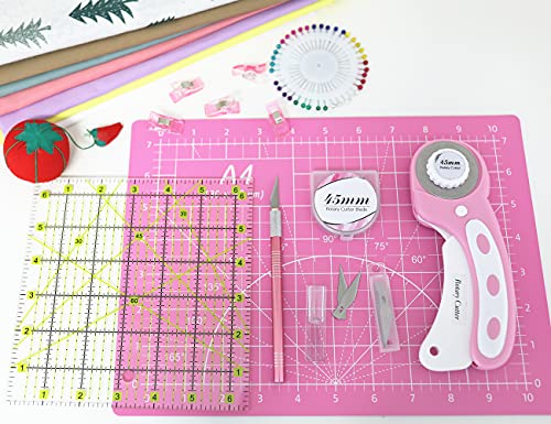 Headley Tools 39 Pcs Rotary Cutter Set Pink - Quilting Kit Incl 45mm Fabric Cutter with 5 Extra Blades A4 Cutting Mat Craft Knife Set Quilting Ruler A