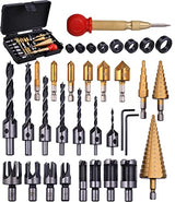 SHITIME 34 Pack Wood Working Chamfer Drilling Tools, 6 Countersink Drill Bit Set, 7 Counter Sinker Drill Bit Set, 8 Plug Cutters for Wood, 8 Drill Shitime