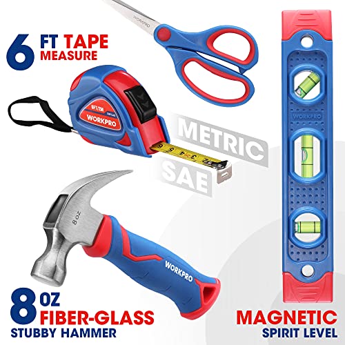 WORKPRO Kids Real Tool Set with 12 Inch Steel Tool Chest with Wheels, 10PCS Boys First Tool Set with 2 Drawers Blue Metal Rolling Tool Chest, Kids WORKPRO