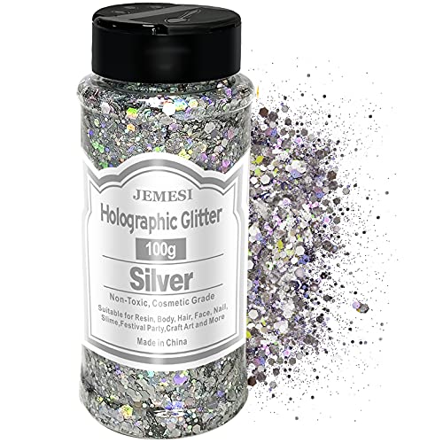 Holographic Chunky Glitter, 100g Silver Cosmetic Craft Glitter for Epoxy Resin, Nail Sequins Iridescent Flakes, Body, Face, Hair, Nail, Glitter Slime - WoodArtSupply