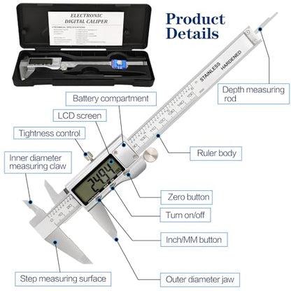 Digital Caliper, 1 Pack 6in Electronic Digital Caliper Measuring Tool, Construction with LCD Screen, Easy Switch from Inch to Millimeter(1 Pack, 6in - WoodArtSupply