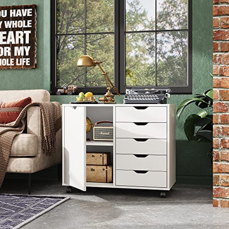 DEVAISE 5-Drawer Wood Dresser Chest with Door, Mobile Storage Cabinet, Printer Stand for Home Office DEVAISE
