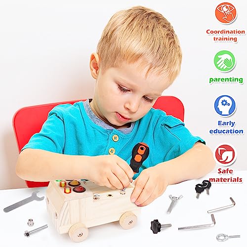 Montessori Car Screwdriver Board Set ，Car LED Busy Board Light Switch Montessori Toy for Toddlers, Wooden Busy truck Kids Tools Set, Fine Motor - WoodArtSupply