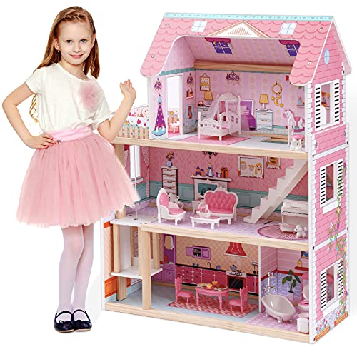 ROBOTIME Wooden Dollhouse, Doll Houses with 24 Pieces Furniture for 4, 5, 6-Inch Dolls, Dollhouse Gift for 3+ Year Old Girls (Pink) ROBOTIME