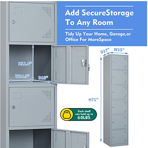 Yizosh Metal Locker with 6 Doors, Tall Steel Storage Lockers for Employees - 71" Locker Storage Cabinets for School, Gym, Home, Office, Garage (Grey) Yizosh