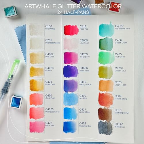 Art Whale Metallic Watercolor 24 Colors in Half-Pans with Waterbrush - Highly Pigmented Tin Box for Painters, Professionals, Beginners, Hobbyists