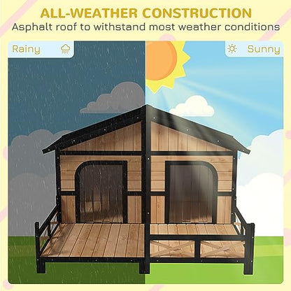 PawHut Wooden Large Dog House Outdoor Double XL Dog Kennel with Elevated Floor and Porch, Weatherproof Puppy Shelter for Small and Medium Breed Dogs,