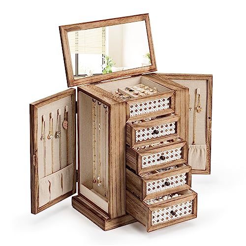 Emfogo Jewelry Box for Women, 5 Layer Large Wood Jewelry Boxes & Organizers for Necklaces Earrings Rings Bracelets, Rustic Jewelry Organizer Box with
