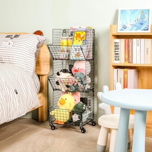 3 Tier Rolling Wire Toy Organizer Basket - with Wheel, S-Hooks, Adjustable Chalkboards - Toy Storage Cart Wall Bookshelf for Kids Room, Playroom,