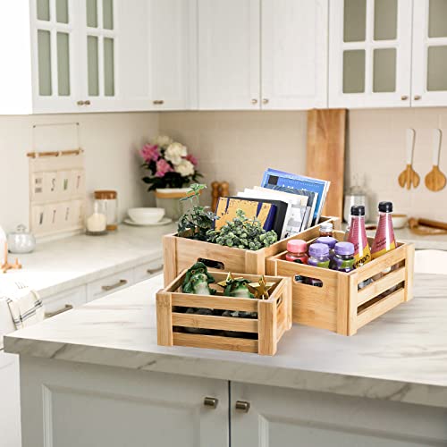 Lawei Set of 3 Bamboo Nesting Crates with Handles, Rustic Decorative Storage Container Box, Crate Box for Display, Farmhouse Bamboo Basket Bins for Lawei