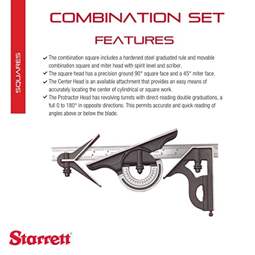 Starrett Combination Set with Square, Center and Reversible Protractor Head and Blade - 12" Blade Length, Cast Iron Heads, Reversible Lock Bolts, 4R - WoodArtSupply