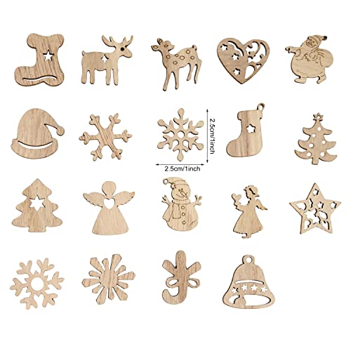 yueton 100PCS Mini Christmas Tree Snowflakes Stars Moose Bells Hats Socks Angels Christmas Unfinished Blank Wood Pieces Wood Slices Wood Chips - WoodArtSupply