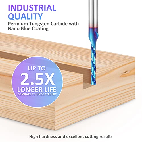 HQMaster 5 Pcs Spiral CNC Router Bits Set Down Cut 1/4” Shank Solid Carbide Spiral Downcut CNC Bits with Nano Blue Coating End Mill for Wood Cut HQMaster
