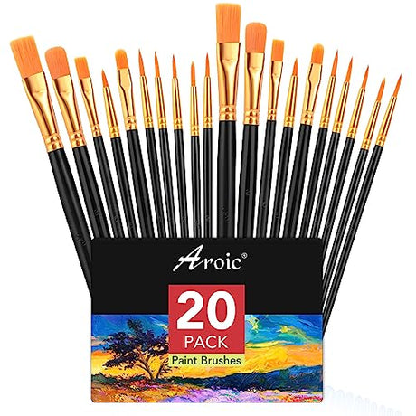 AROIC Acrylic Paint Brush Set, 2 Packs / 20 pcs Nylon Hair Brushes for All Purpose Oil Watercolor Painting Artist Professional Kits (Black) AROIC
