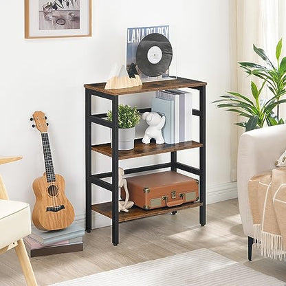 HOOBRO 3 Tier Bookshelf, Industrial Bookcase, Record Storage Rack with Side Fence, Wood Storage Shelf with Metal Frame, Rustic Open Display Shelf for